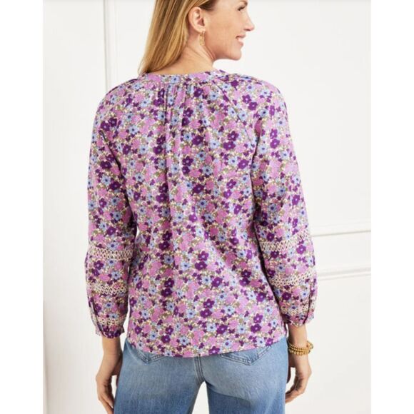 EUC Talbots Floral Embroidered Top Sz M Tossed Ditsy Purple Pink Long Slv Boho - Picture 2 of 8